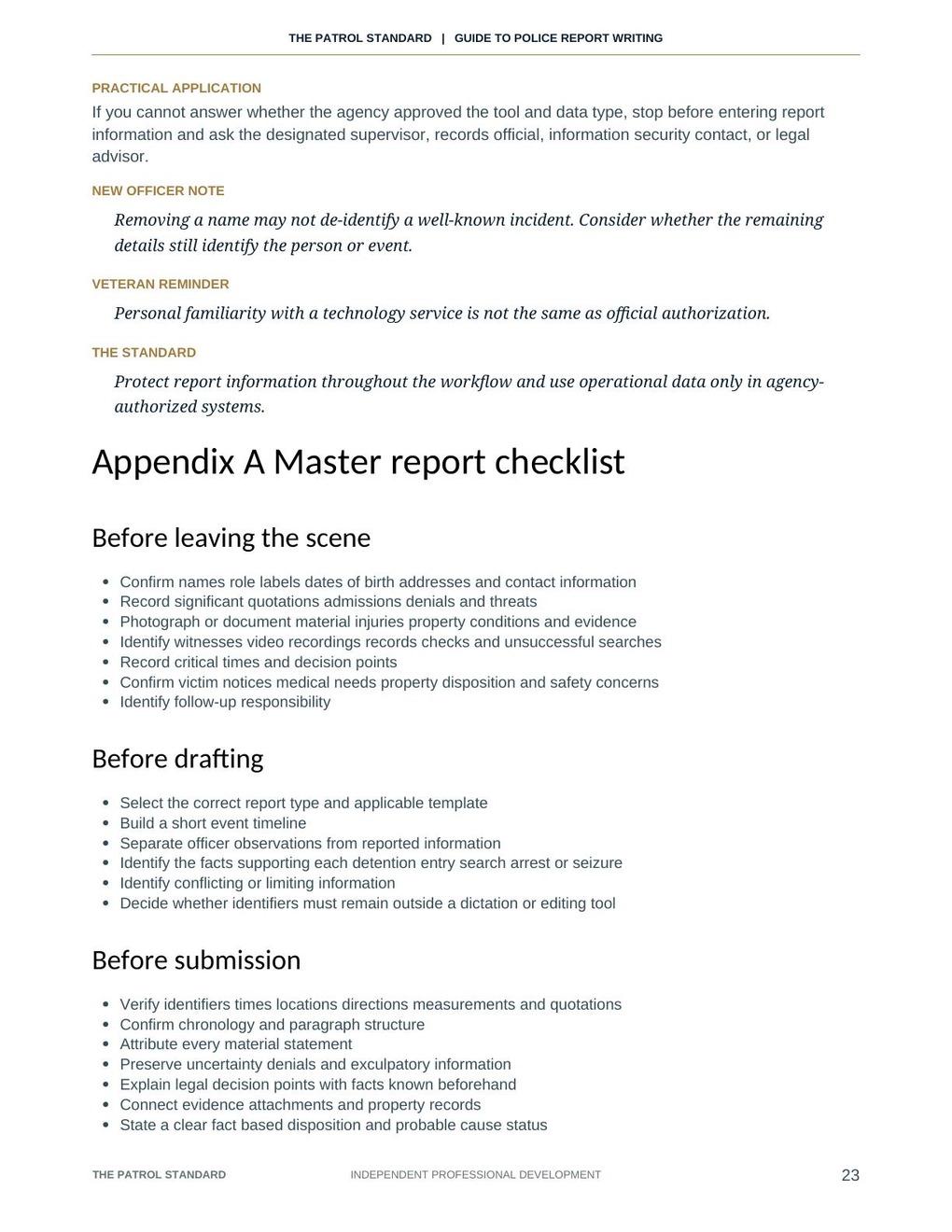 Updated master report checklist page from the guide